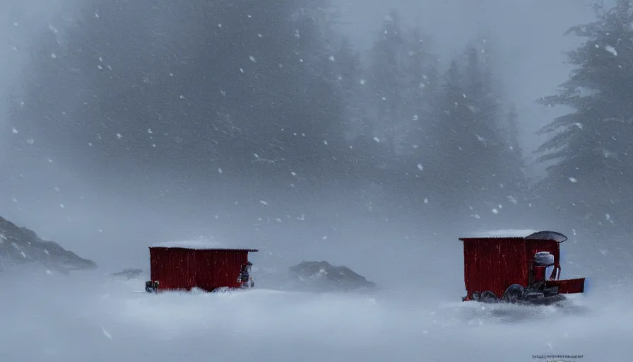 Image similar to A Snowplow!! clearing a beautiful snowy landscape with a small hut in the background. A blizzard and heavy snow falls. Fog and mist, highly detailed, concept art, digital art, 4k, high snow