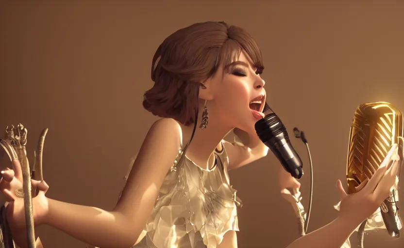 Prompt: a beautiful diva sings on the theater stage ，, high quality cg render, 4 k, cgsociety, artstation trending, palatial scene, highly detailded