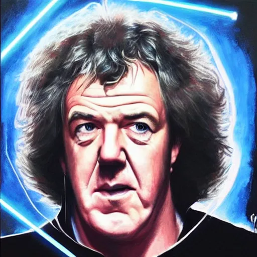 Prompt: “Jeremy Clarkson as a Sith dueling James may as a Jedi, with lightsabers, oil painting”