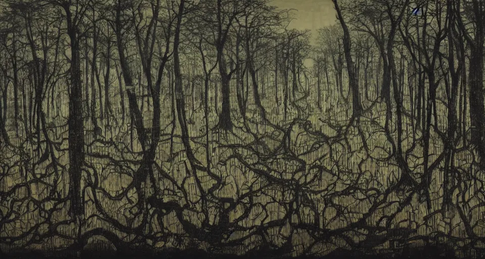 Image similar to A dense and dark enchanted forest with a swamp, by Zeng Fanzhi