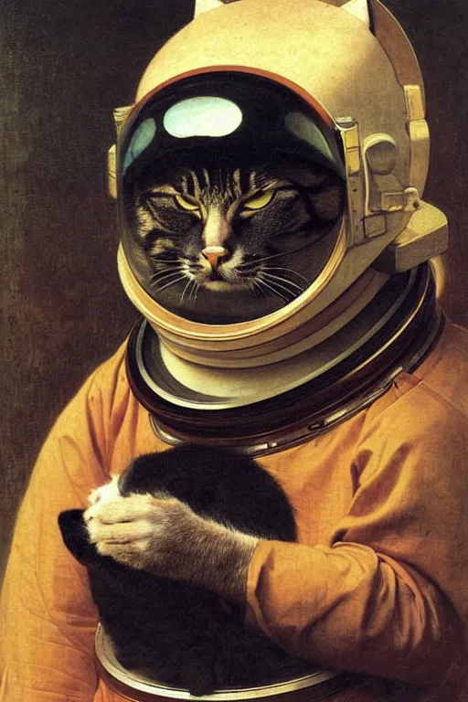 Image similar to portrait of a cat astronaut with japanese armor and helmet, majestic, solemn, by bouguereau