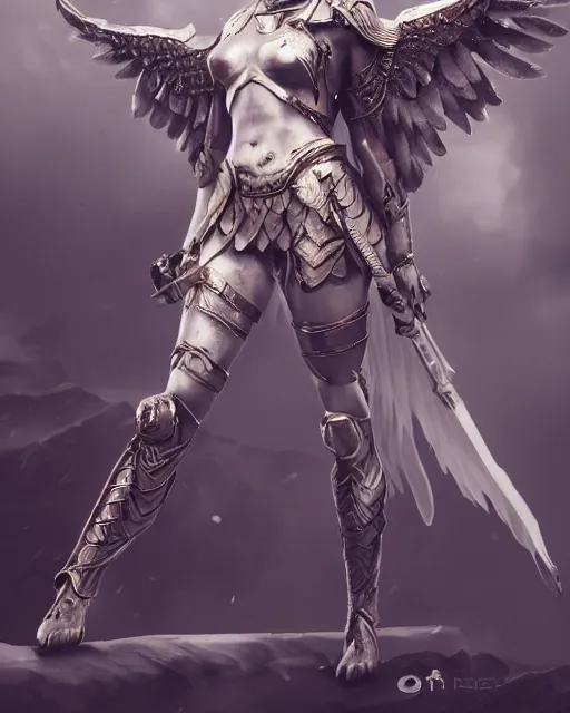 Prompt: epic presentation of a valkyrie, detailed armor with white scarf, beautiful opened wings, character design, gorgeous, epic, dramatic lighting, ocult, hero, authority, digital art, classicism style, ultra detailed, octane