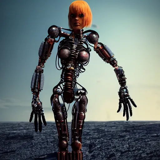 Image similar to a female woman, synthetic cyborg monster with large eyes, standing on a martian landscape, cinematic movie scene, inspired by the movie the fifth element, by kim jung gi, hyperrealistic, fine details, octane render, volumetric lighting