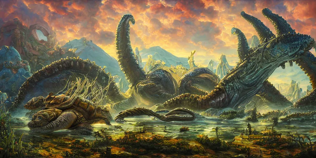 Image similar to fantasy oil painting, great leviathan, cybernetic turtle cephalopod terrapin reptilian pachyderm squid, bella hadid, hybrid, milla jovovich, anubis, epic natural light, lush plants flowers, spectacular mountains, bright clouds, luminous sky, outer worlds, golden hour, michael cheval, edward hopper, michael whelan, vray, hd