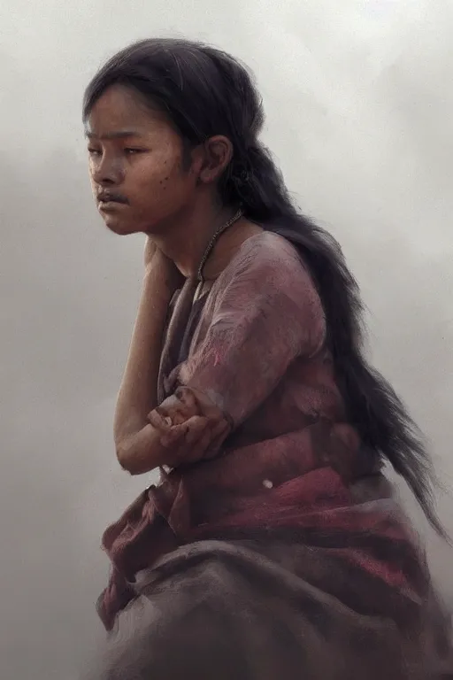 Prompt: a young nepalese woman, close-up portrait, poor, intricate, elegant, volumetric lighting, scenery, digital painting, highly detailed, artstation, sharp focus, illustration, concept art,ruan jia, steve mccurry