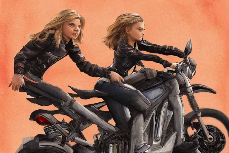 Image similar to chloe grace moretz is riding a motorbike, digital painting, artstation, the space background, concept art, illustration,