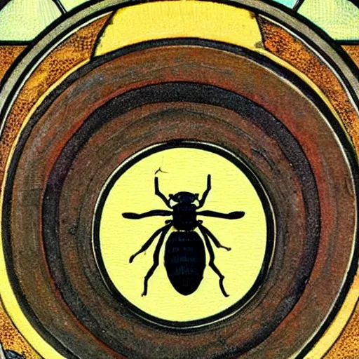 Image similar to a dark dangerous ritual spell with a dead bumblebee placed in the middle of a bloody bullseye at the center of the crosshairs of a gun, art nouveau, fantasy illustration, tarot