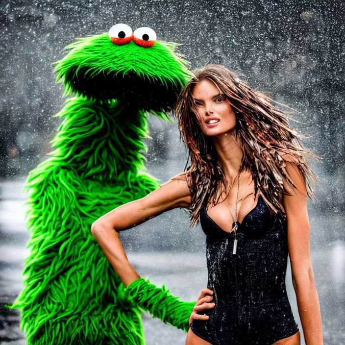 Image similar to fully body pose, photo of a very beautiful!! victoria secret model, oscar the grouch, wet hair, raining, 8 k, hdr, smooth, sharp focus, high resolution, award - winning photo, trending on artstation, dslr, 5 0 mm