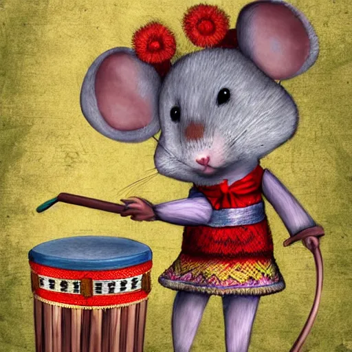 Image similar to mouse with drum, musician dress, fantasy forrest background, digital art, close up