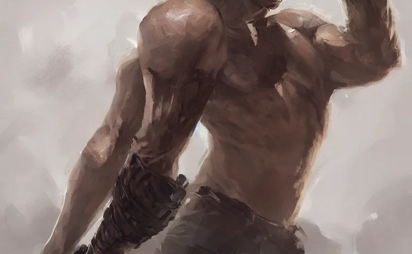 Prompt: a painting of arkul trending on artstation in the style of greg rutkowski, beautiful, male, sensual, natural skin, muscular, stubble, warrior tattoo