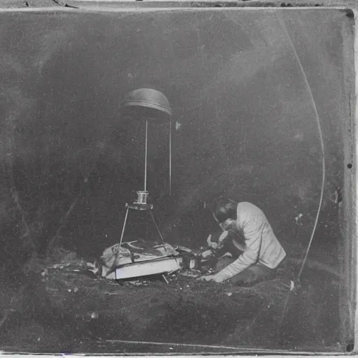 Prompt: daguerreotype of scientists examining a crashed ufo, hyper realistic,