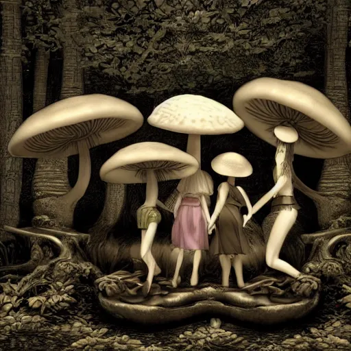 Image similar to mushroom goddess with group of elders, discussing the new season of friends, cynical realism, hiroya oku painterly, yoshitaka amano, chris cunningham, black and white, beautiful lighting, manga in the style of drummond, 3 d render, 8 k