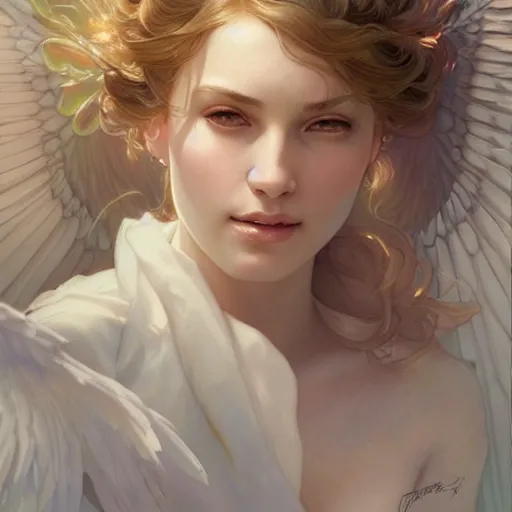 Image similar to portrait of a beautiful angel, fantasy, highly detailed, digital painting, artstation, concept art, smooth, sharp focus, illustration, art by artgerm and greg rutkowski and alphonse mucha