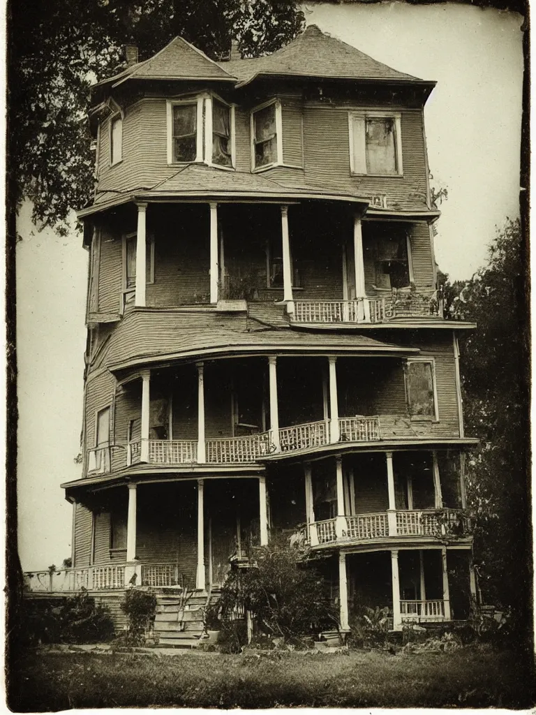 Image similar to tintype photograph. beautiful exterior view of an old victorian house. a creepy man's face is in the window