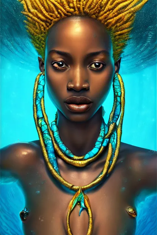 Prompt: hyperrealistic cinematic wide shot of very expressive! translucent!! african goddess, underwater scene with fish and algae, gold jewerly, highly detailed face, digital art masterpiece, eric zener cam de leon, dramatic pearlescent turquoise light on one side, low angle uhd 8 k, shallow depth of field