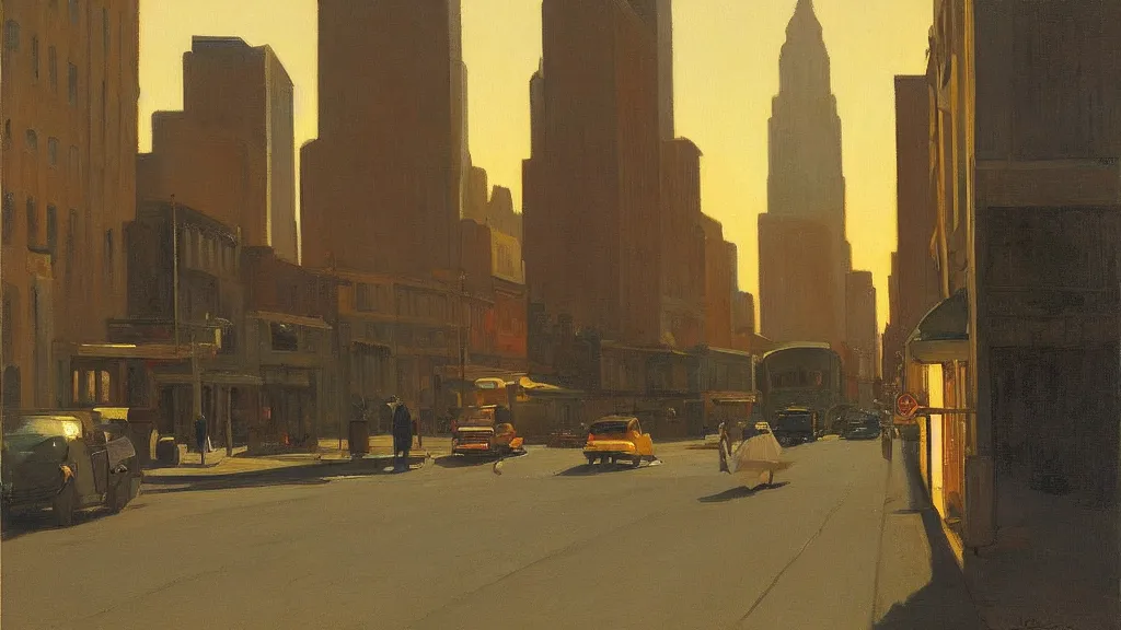 Prompt: city street at dusk by james gurney and edward hopper