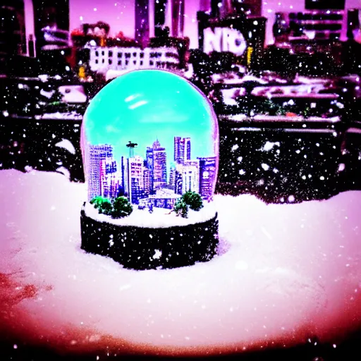 Prompt: snowglobe of a lofi vaporwave city