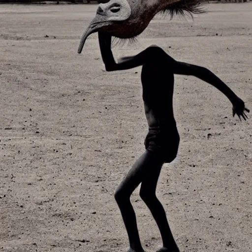 Prompt: photograph of a human ostrich hybrid