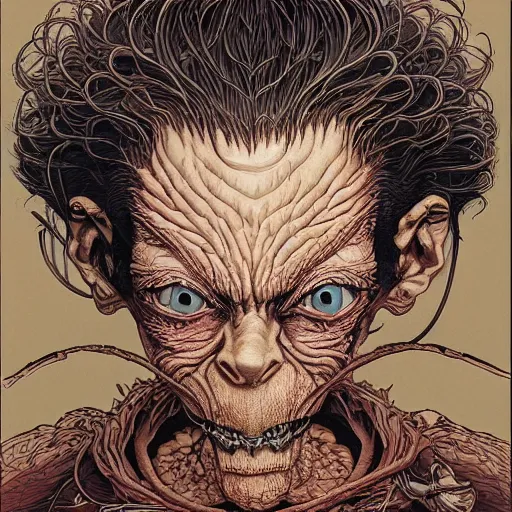 Image similar to portrait of crazy gollum, symmetrical, by yoichi hatakenaka, masamune shirow, josan gonzales and dan mumford, ayami kojima, takato yamamoto, barclay shaw, karol bak, yukito kishiro