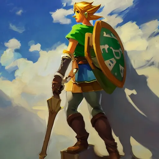 Image similar to greg manchess portrait painting of link from legend of zelda as overwatch character, medium shot, asymmetrical, profile picture, organic painting, sunny day, matte painting, bold shapes, hard edges, street art, trending on artstation, by huang guangjian and gil elvgren and sachin teng