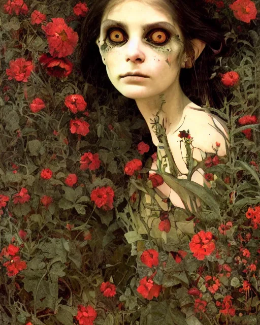 Prompt: a beautiful but sinister and creepy goblin in layers of fear, with haunted eyes, violence in her eyes, 1 9 7 0 s, seventies, delicate embellishments, a little blood, woodland, afternoon light shining on wildflowers, painterly, offset printing technique, by alexandre cabanel