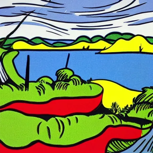 Prompt: painting of a lush natural scene on an alien planet by roy lichtenstein. beautiful landscape. weird vegetation. cliffs and water.