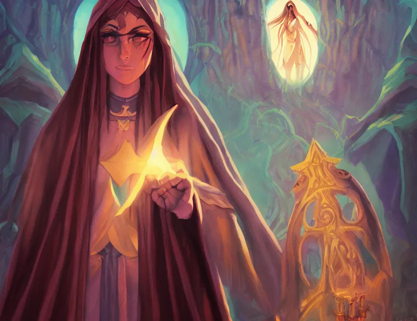 Prompt: priestess of akward. gouache painting by indie concept artist, chiaroscuro, bokeh, backlighting, field of depth