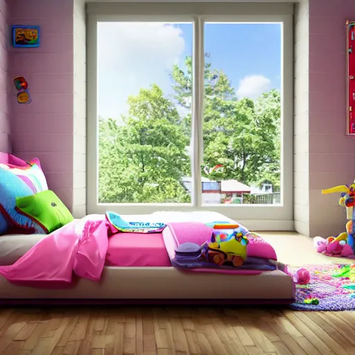 Prompt: eye - level view, in a child's bedroom filled with toys there is a bed under a window. a colorful comforter is on the bed. a super cute gsd puppy runs and jumps and plays on the bed. hilarious, funny, back to school comedy, cg animation, 3 d octane render, imax 7 0 mm,