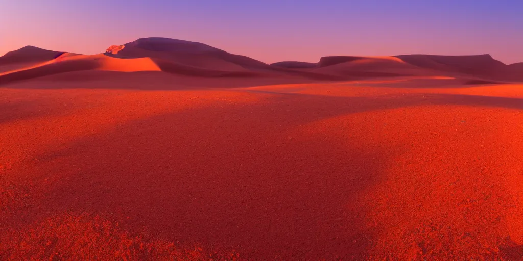 Prompt: egyptian desert with red sand hills, beautiful, dawn, photorealistic, panoramic shot, 4 k