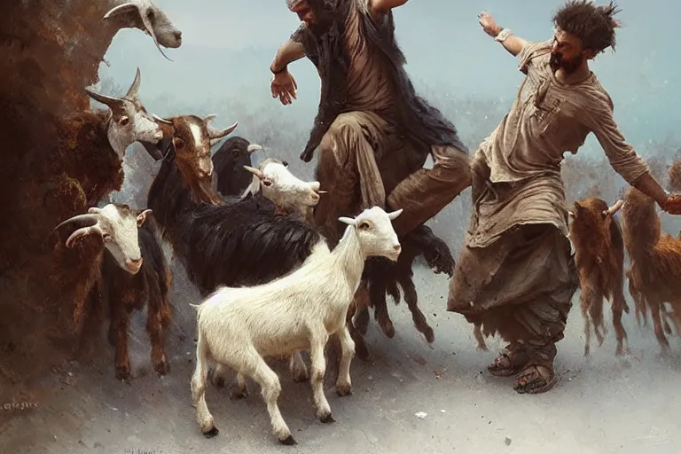 Image similar to madman dancing with goats by greg rutkowski, detailed oil painting masterpiece