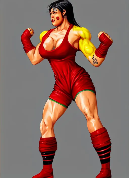 Image similar to wwf female wrestler 1 9 9 0, wide angle view, red and yellow color scheme, highly detailed, artgerm, cushart krenz, king of fighters style, trending on artstation, soft light, sharp focus, illustration, character design, concept art