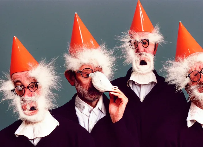 Image similar to realistic photo portrait of a three old hairy scientists wearing white shorts, cone heads, holding crows on their faces covered 1 9 9 0, life magazine reportage photo, natural colors