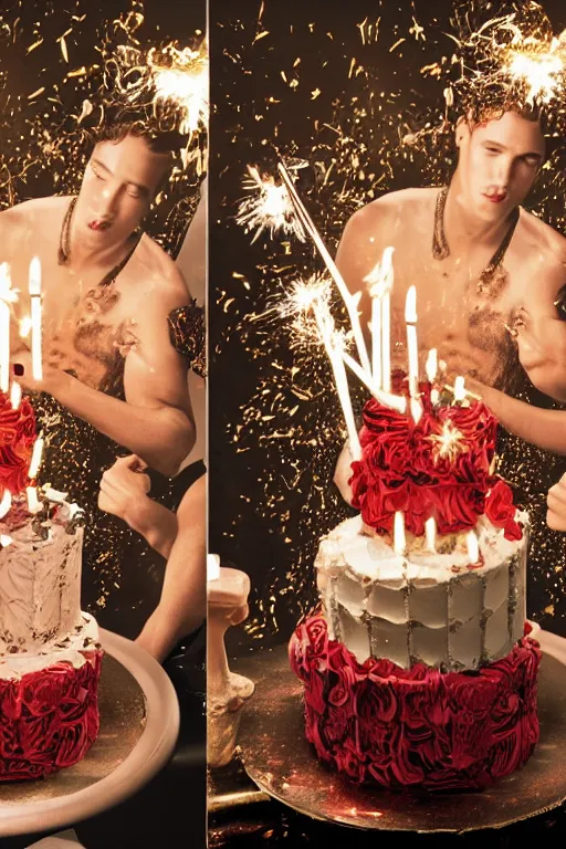 Image similar to dolce & gabbana campaign featuring artist ben schumacher blowing out all the candles on the birthday cake, sparklers, realistic vfx simulation