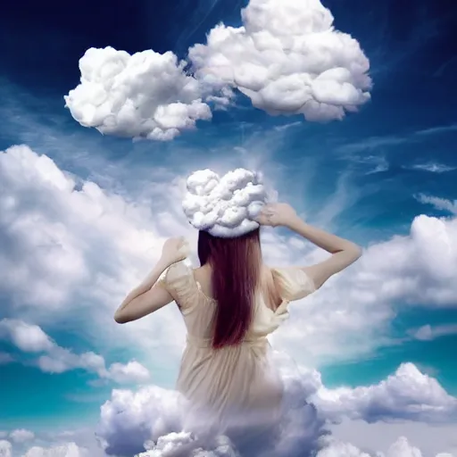 Image similar to goddess wearing a cloud fashion on the clouds, photoshop, colossal, creative, giant, digital art, photo manipulation, clouds, sky view from the airplane window, covered in clouds, girl clouds, on clouds, covered by clouds, a plane