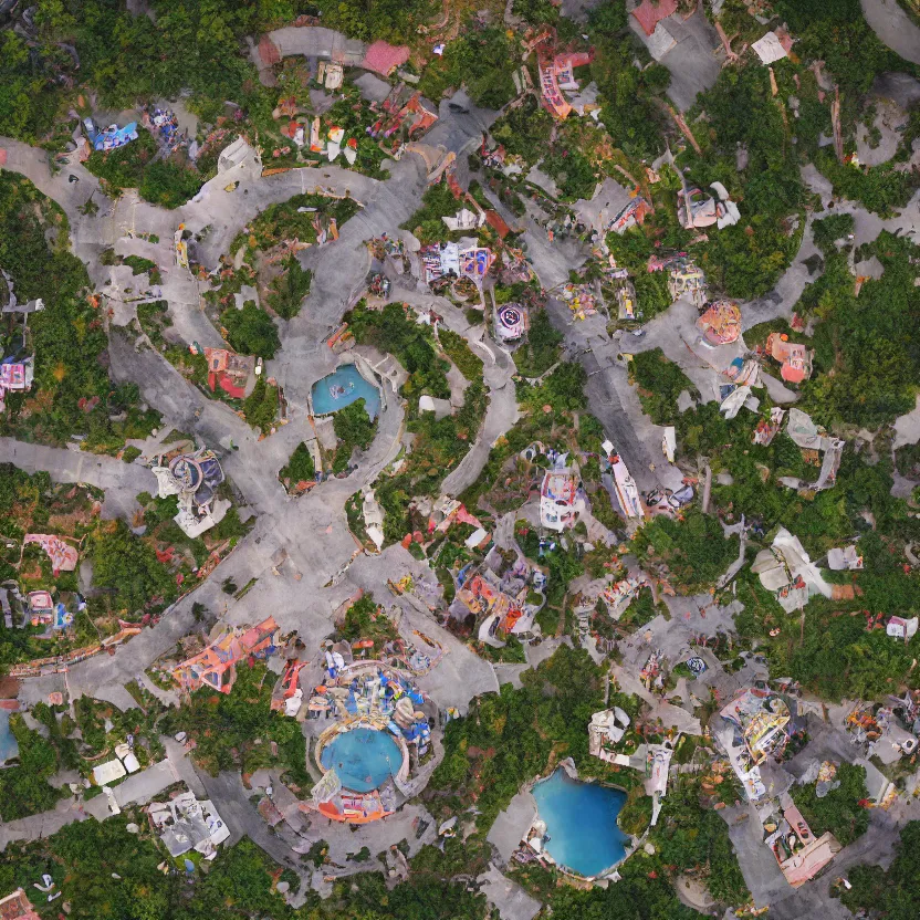 Prompt: aerial view of fantasy town with a wizard's tower in the middle, photograph, 8 k