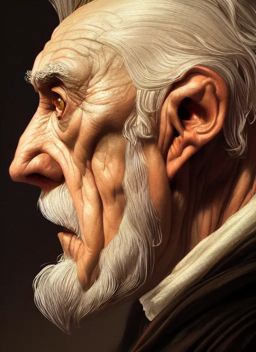 Prompt: side profile centered painted portrait, of alf, lord of the rings, tolkien, matte painting concept art, baroque, beautifully backlit, swirly vibrant color lines, fantastically gaudy, aesthetic octane render, 8 k hd resolution, by caravaggio and diego velazquez