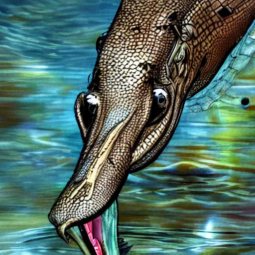 Prompt: a curious indian gharial eating fish for breakfast digital art, artstation, colorful