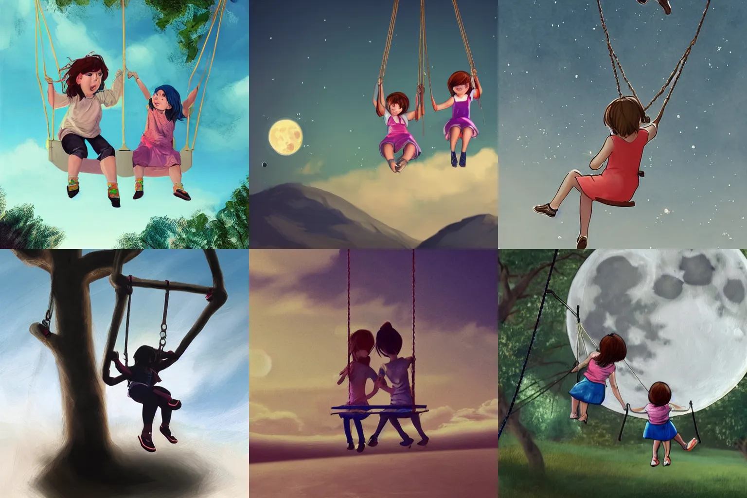 Prompt: two girls swinging on a swing attached to the moon, highly detailed, artstation,