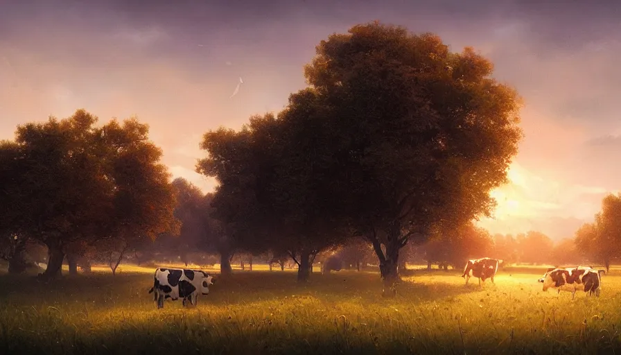 Prompt: cow pasture with fruit trees in sunset, back light, highly detailed, cinematic lighting, highly angle, volumetric, photorealistic, digital art painting by greg rutkowski