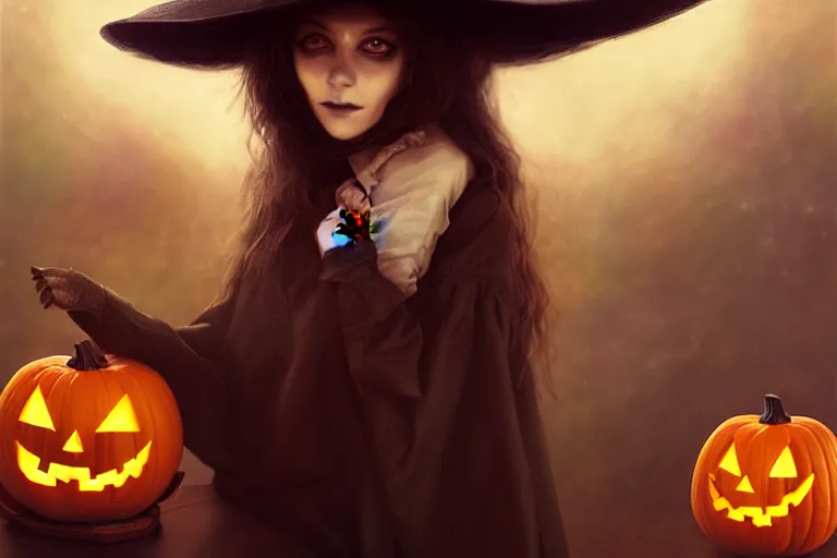 Image similar to portrait of a scarecrow with a jack - o - lantern head and a witch hat, halloween night, charlie bowater, artgerm, ilya kuvshinov, krenz cushart, ruan jia, realism, ultra detailed, 8 k resolution