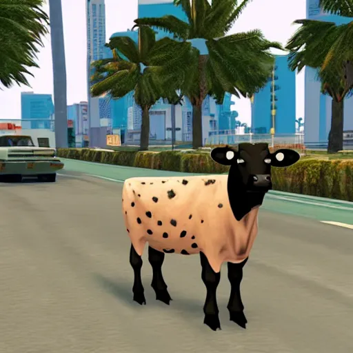 Prompt: a cow, in gta vice city