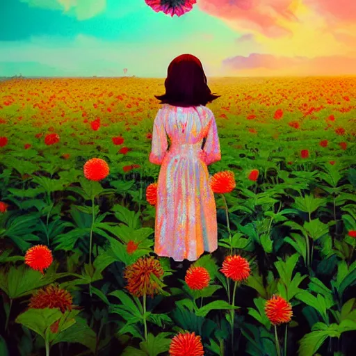 Prompt: giant dahlia flower head, full body girl standing in a flower field, surreal photography, sunrise, dramatic light, impressionist painting, colorful clouds, digital painting, artstation, simon stalenhag