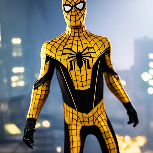 Image similar to gold spider - man suit with black web lining, cinematic, volumetric lighting, realistic, hyperdetailed, photorealistic, photograph