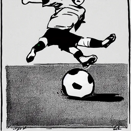 Prompt: an illustration of a child playing soccer, by frank miller, black and white