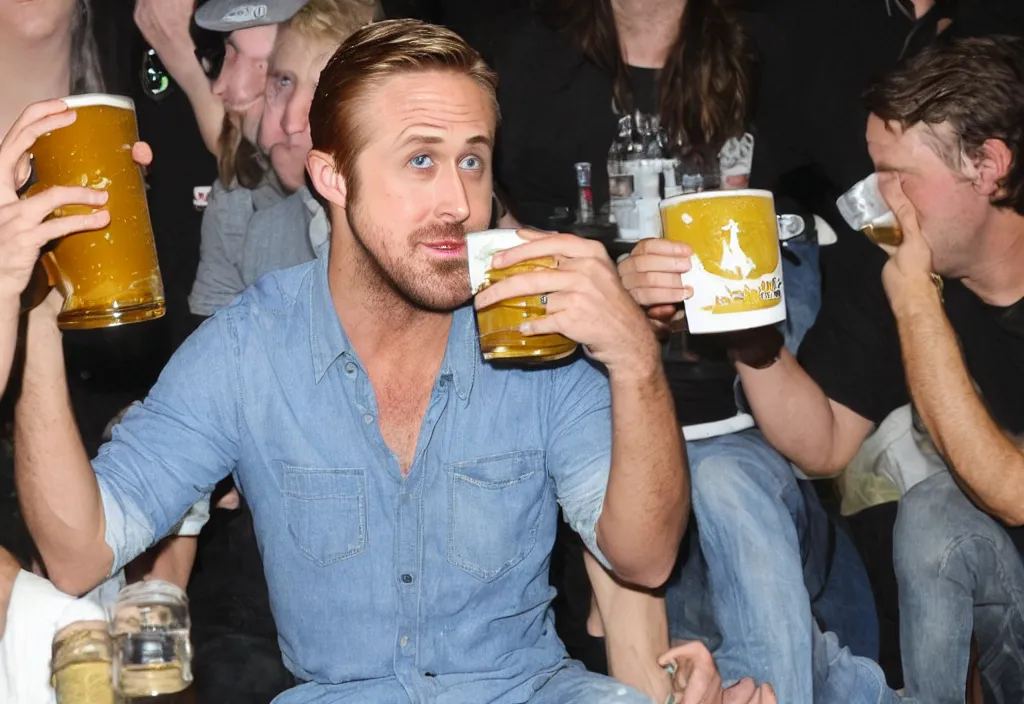 Image similar to Ryan Gosling drinks a huge mug of beer