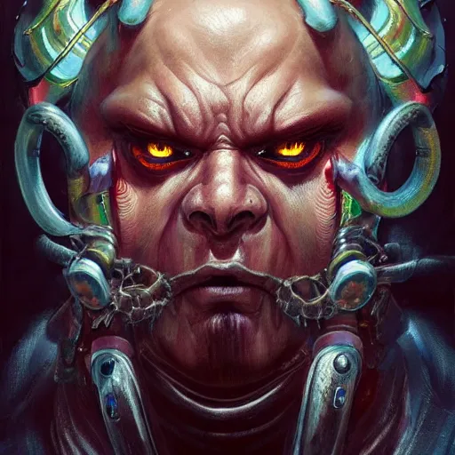 Image similar to portrait, cyberpunk japanese oni demon with horns, stern expression, cyberpunk 2 0 7 7, highly detailed, digital painting, artstation, concept art, smooth, sharp focus, illustration, artgerm, tomasz alen kopera, peter mohrbacher, donato giancola, joseph christian leyendecker, wlop, frank frazetta