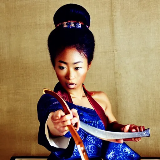 Prompt: “ afro - asian female samurai unsheathing her katana. award winning photograph. ”