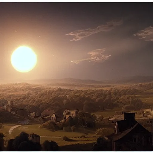 Image similar to dark solar eclipse, above a village, highly detailed, studio 4 k quality, by vittorio matteo corcos