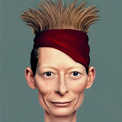 Prompt: caricature portrait of a beautiful 20 year old Tilda Swinton by Mario Testino, headshot, detailed, award winning, oil painting