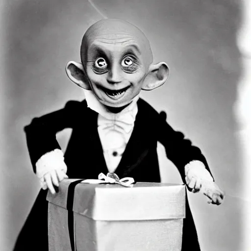 Prompt: adorable count orlok opening presents on christmas, vintage photograph, 4 k